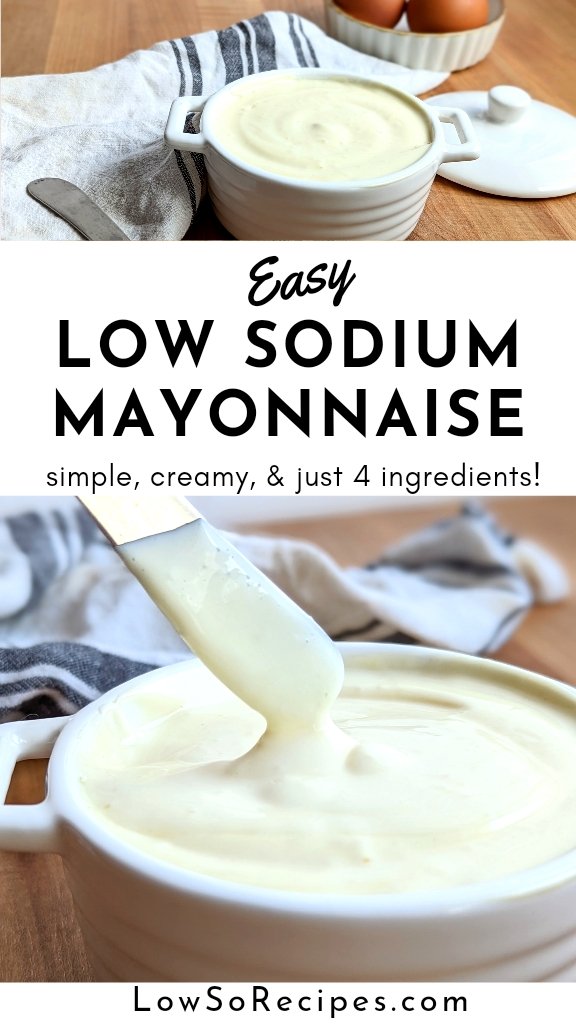 low sodium mayonnaise recipe salt free mayo without salt or preservatives in a ceramic ramekin with a knife to spread.
