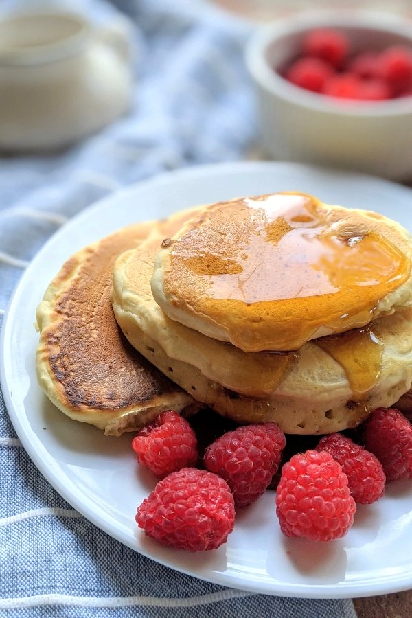 no salt pancakes without sodium recipe with raspberries and maple syrup drizzled on top no salt brunch ideas and recipes