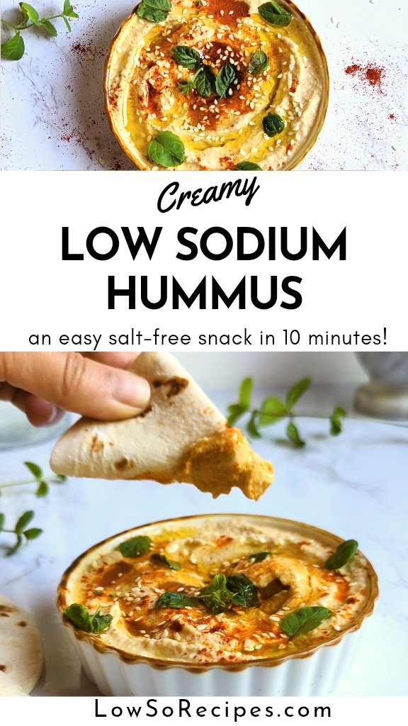 low sodium hummus recipe with garlic lemon tahini sesame paste cumin olive oil paprika and mint leaves or fresh parsley.