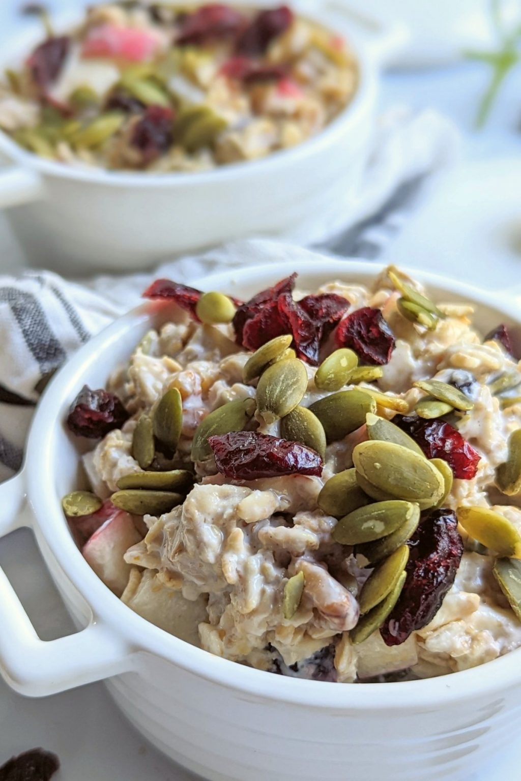 low sodium breakfasts with oats no salt added healthier instant oatmeal made overnight in ramekins or jars with pumpkin seeds and cranberries and walnuts