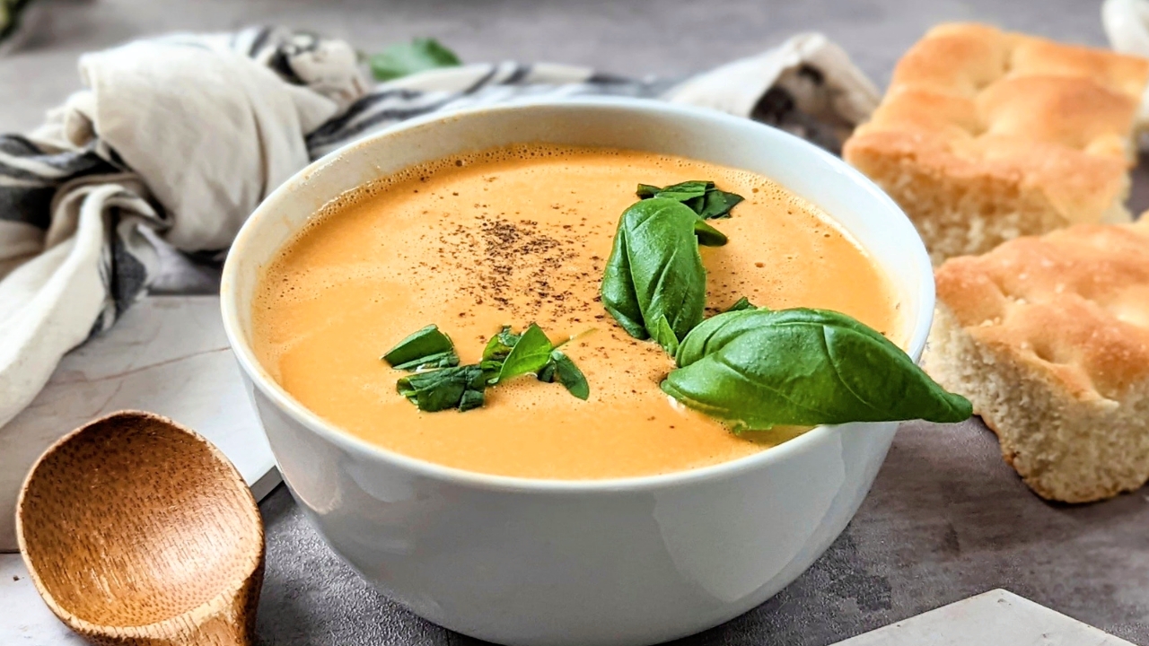 low salt tomato soup recipe low sodium soups healthy blender soup recipes with roasted vegetables in a bowl with fresh basil garnish