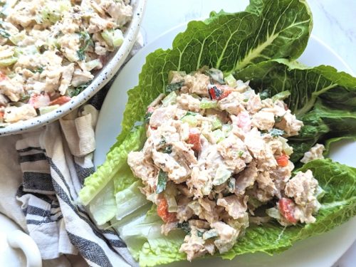 low sodium chicken recipes without salt healthy chicken salad no salt added lunch or dinner ideas high in protein chicken salad on a plate with lettuce wraps