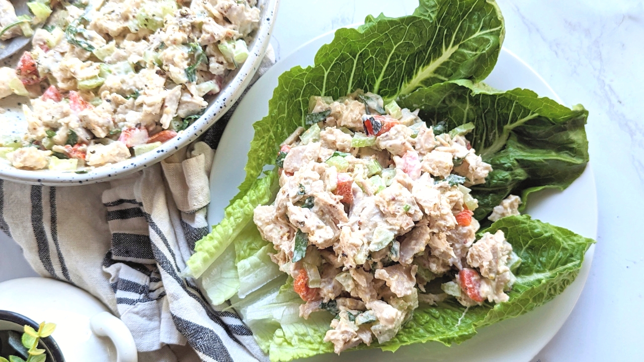 low sodium chicken recipes without salt healthy chicken salad no salt added lunch or dinner ideas high in protein chicken salad on a plate with lettuce wraps