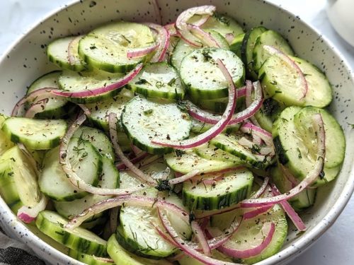 low sodium salads with cucumber and dill red onions unseasoned rice vinegar sugar and black pepper in a large bowl