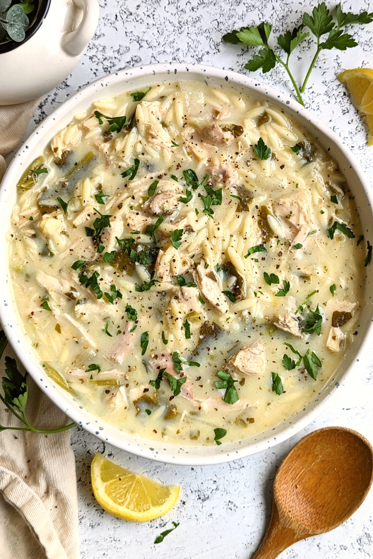 low sodium avgolemono soup recipe with parsley, lemons, and orzo noodles