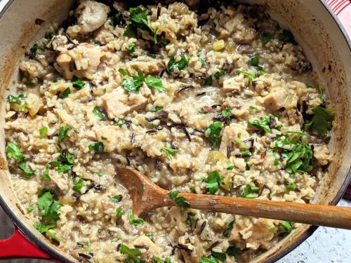 low sodium chicken casserole recipe with mushrooms celery onions garlic and brown rice and wild rice in a Dutch oven