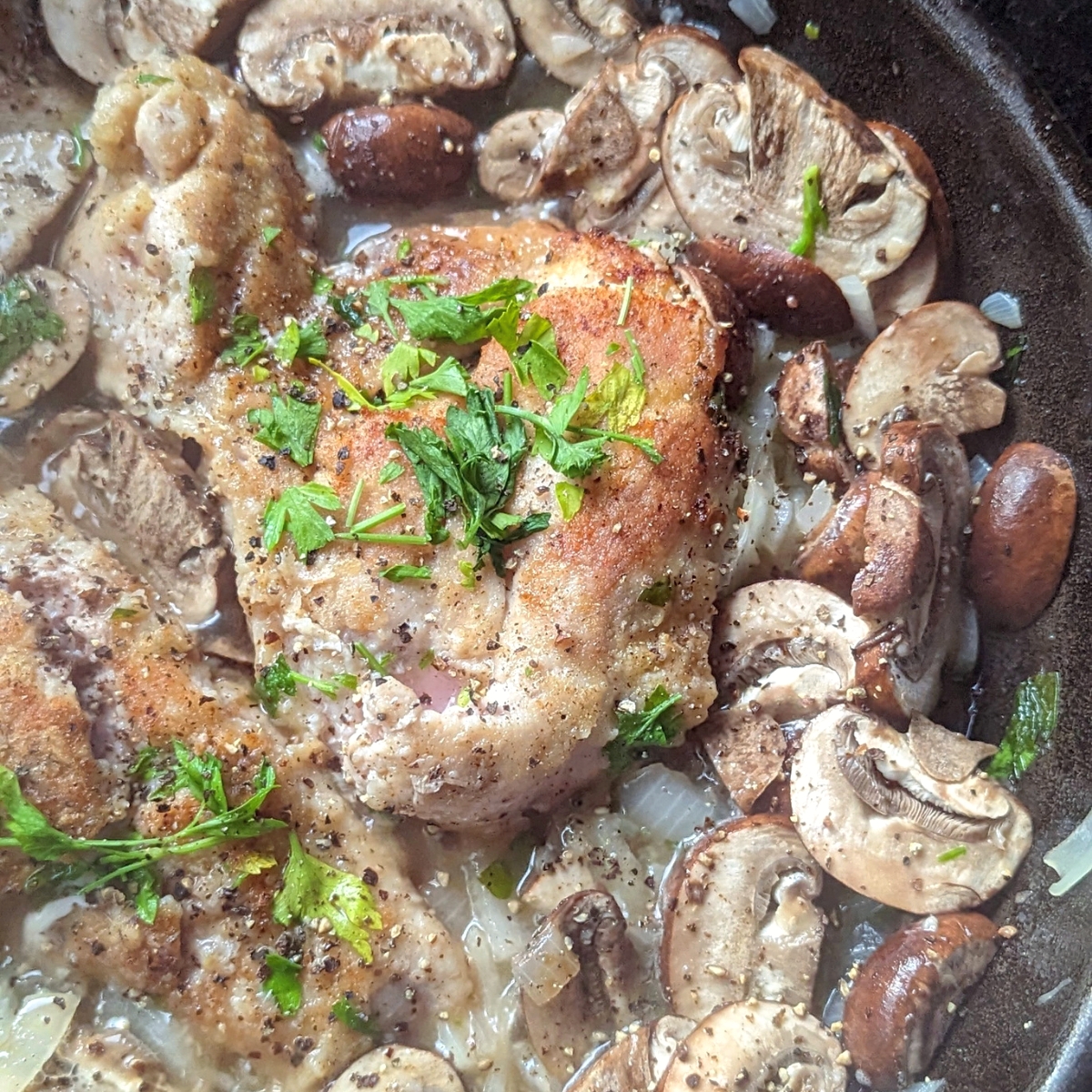 no salt chicken marsala recipe low sodium chicken ideas easy chicken and mushrooms in a cast iron skillet with butter and olive oil.