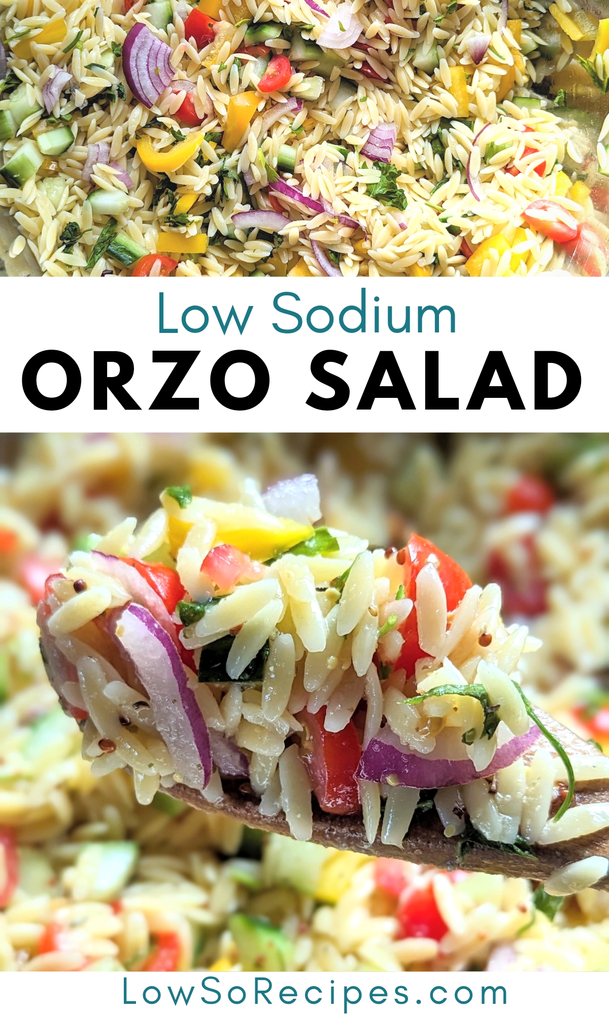 low sodium orzo salad recipe with orzo pasta vegetables and a homemade salt free red wine vinegar dressing