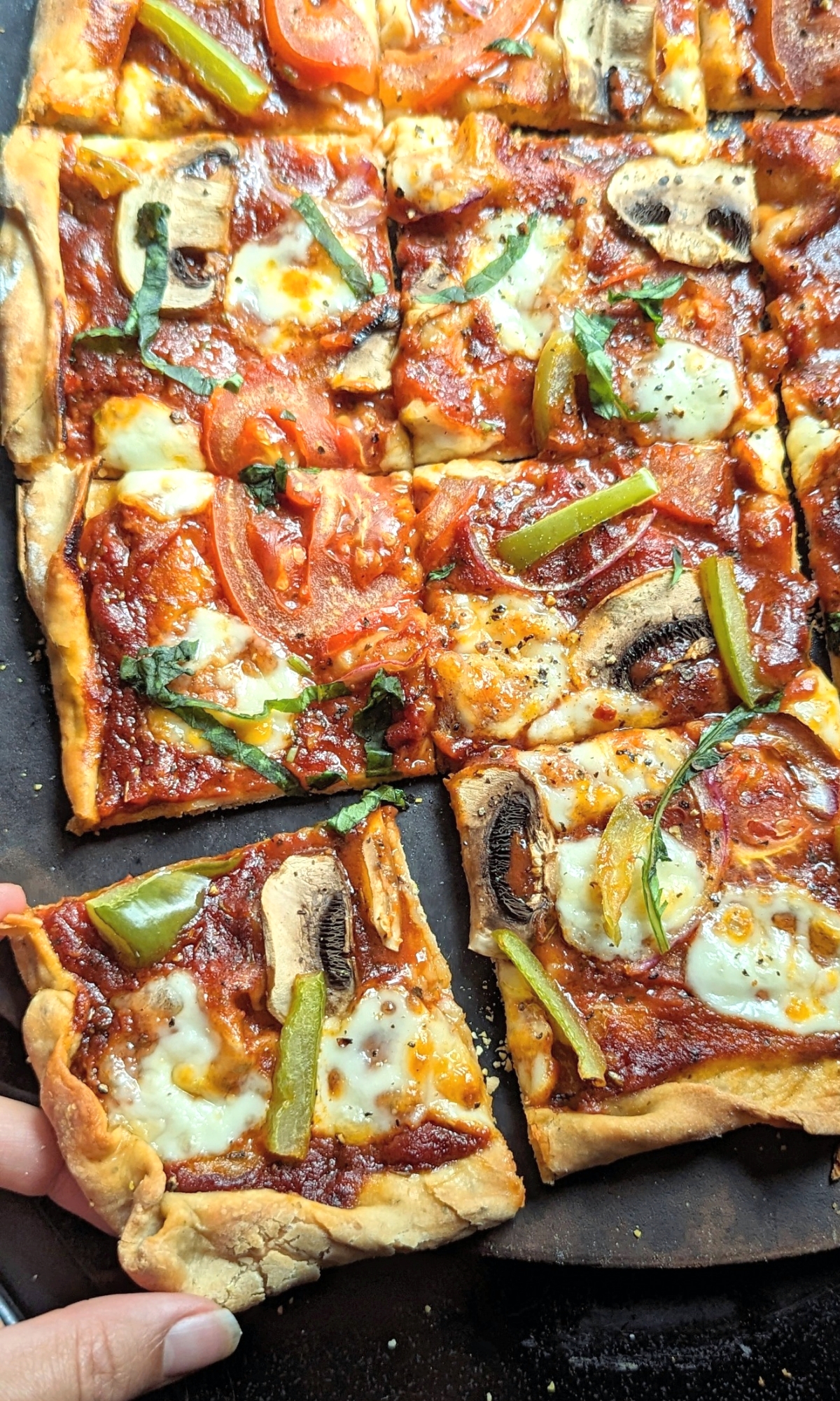 low sodium pizza with mozzarella tomatoes mushrooms bell peppers red onions and fresh basil