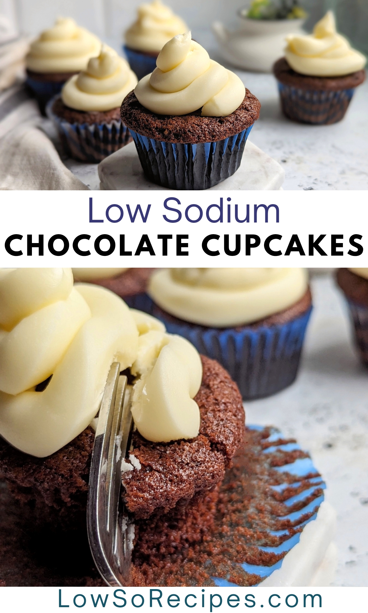 low sodium chocolate cupcake recipe with frosting icing or homemade buttercream with blue cupcake liners