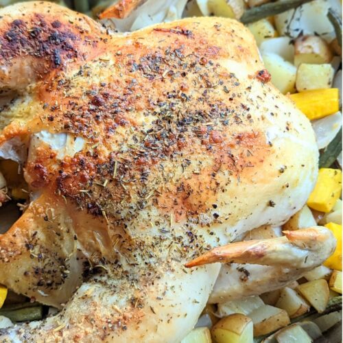 low sodium roasted chicken with potatoes carrots onions and a salt free chicken seasoning