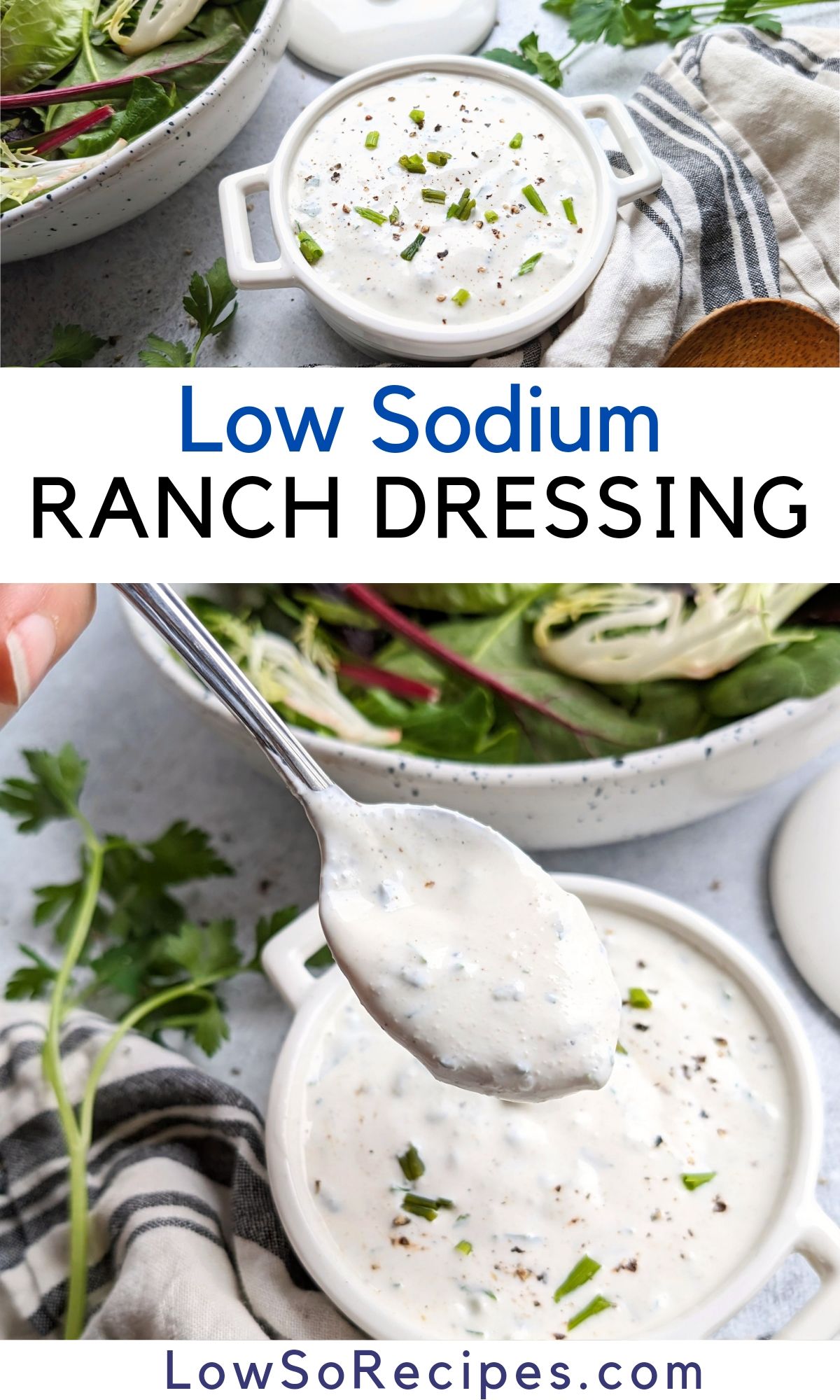 low sodium ranch dressing or ranch dip thick and creamy ranch on a spoon about to dress a salad of mixed greens