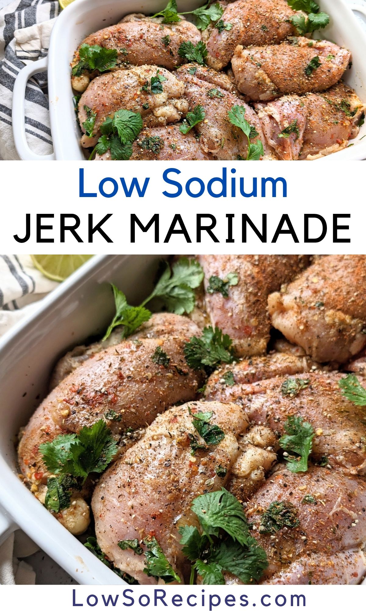 low sodium jamaican jerk marinade recipe with garlic cilantro brown sugar olive oil and lime juice over marinated chicken 