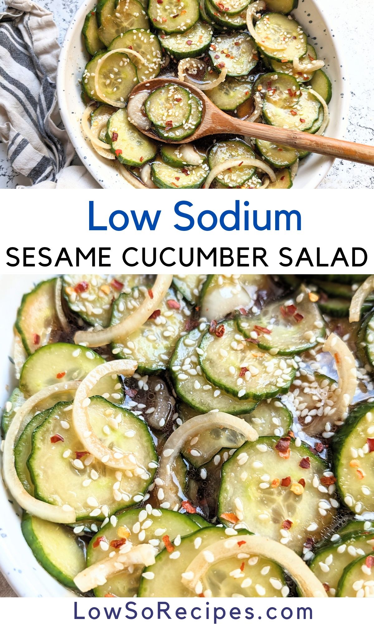 low sodium sesame cucumber salad recipe with thinly sliced english or Persian cucumbers in a low sodium soy sauce dressing