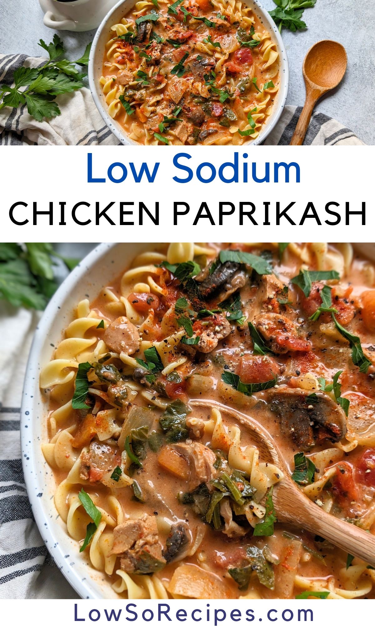 low sodium paprikash with chicken and no salt added diced tomatoes served over egg noodles with lemon and fresh parsley