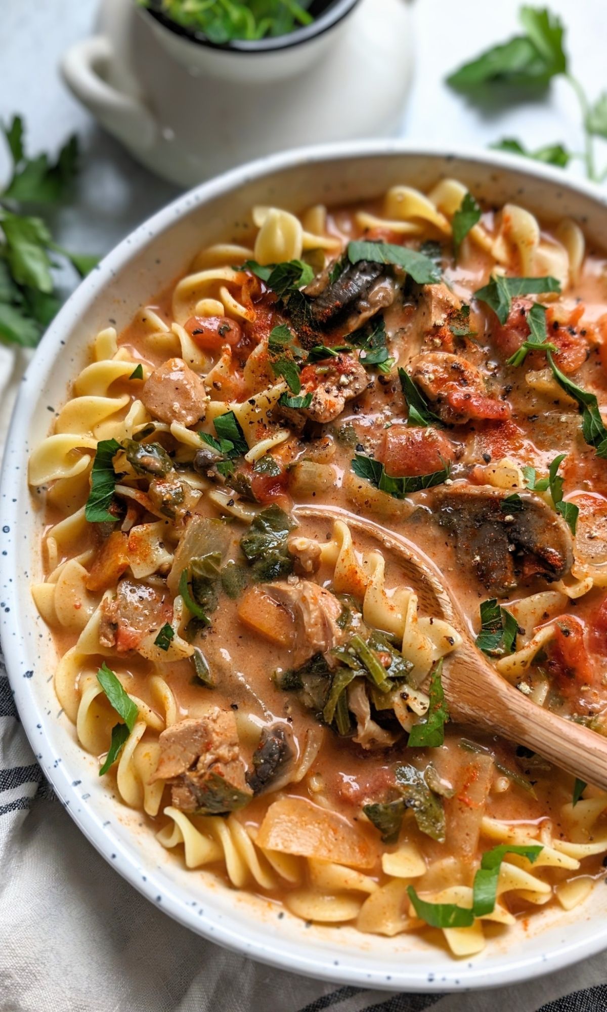 low sodium chicken stew with noodles topped with fresh parsley and loaded with mushrooms tomatoes and a creamy sour cream broth