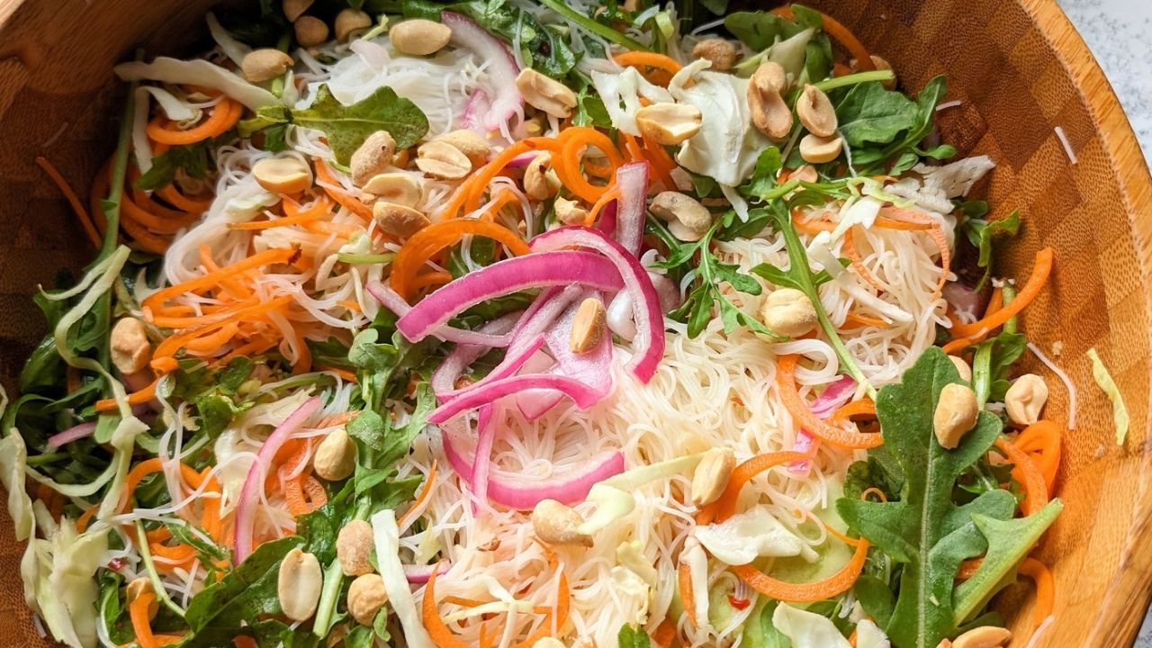 low salt thai noodle salad recipe with peanut dressing and fresh chopped vegetables