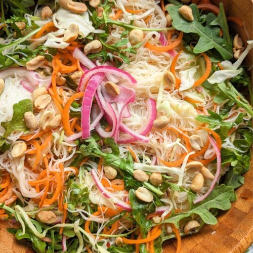 low sodium noodle salad recipe with rice noodles pickled onions arugula carrots and a sesame lime dressing