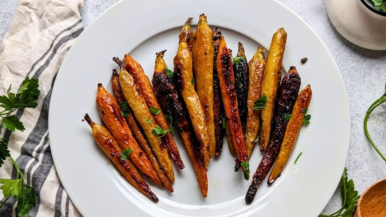 low sodium rainbow carrots roasted in honey without added salt for a tasty low sodium side dish with fresh herbs and thyme