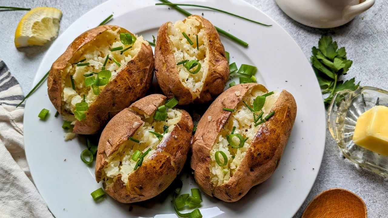 no salt added baked potatoes with unsalted butter and green onions for a healthy low sodium side dish recipe
