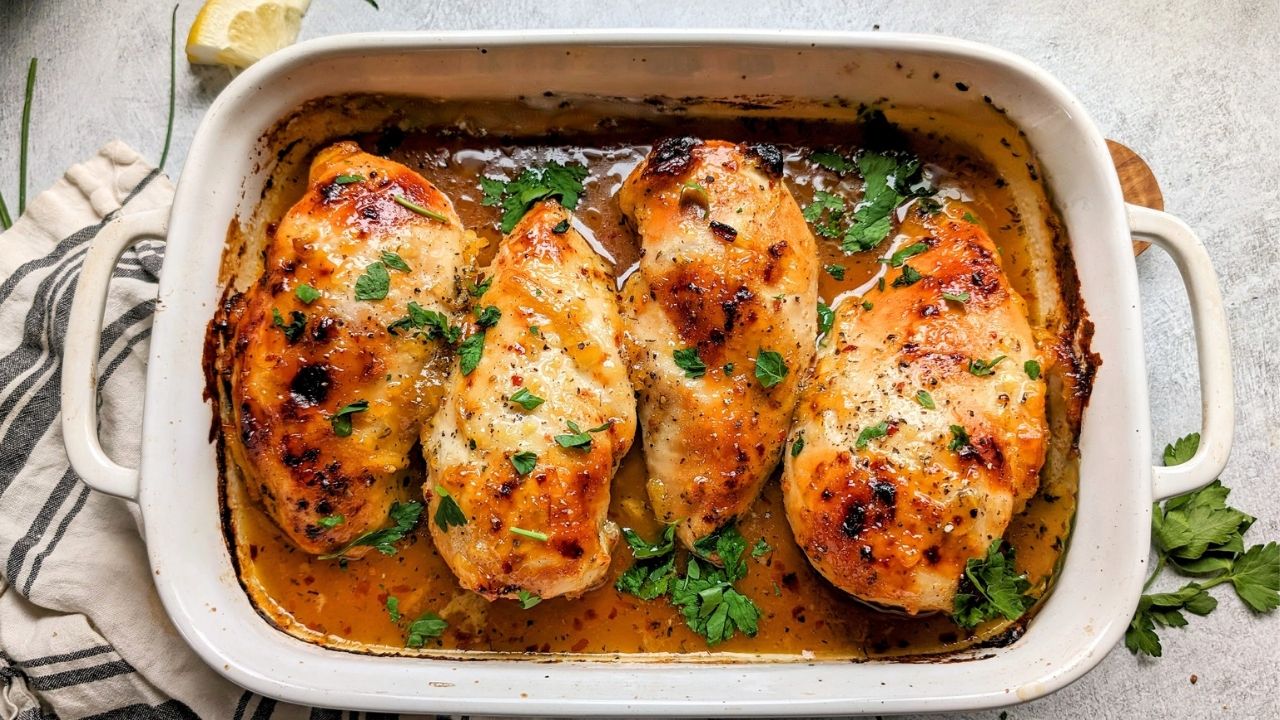 low sodium apricot glazed chicken in a baking dish browned in the oven roasted chicken breasts no salt added
