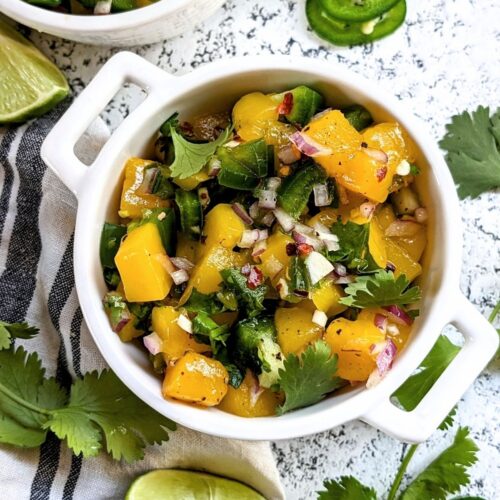 salt free salsa with canned mangoes with onion, garlic, and cilantro