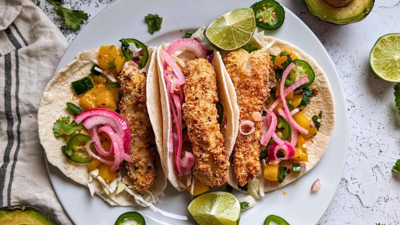 low salt fish tacos with low sodium breadcrumbs and pickled onions with salt free salsa