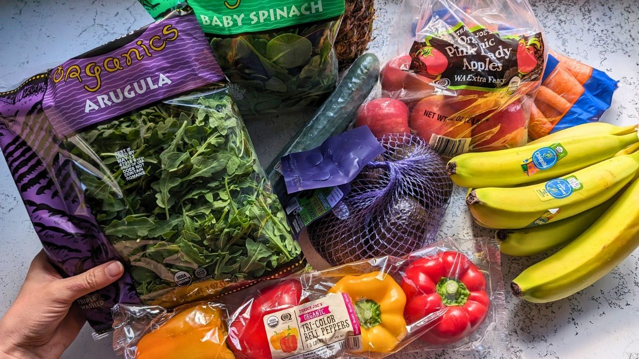Trader Joe's low sodium produce like bananas, avocados, bell peppers, arugula, and carrots
