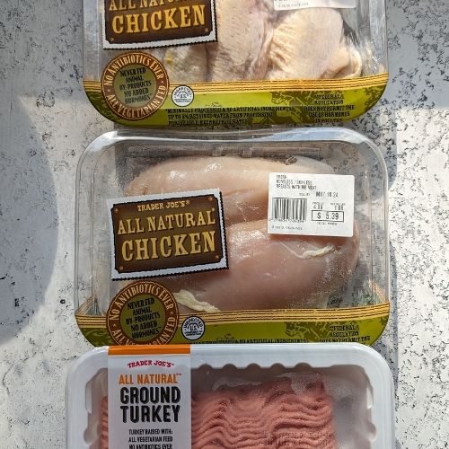 low sodium meat from trader joe's like chicken wings, chicken breasts, and ground turkey