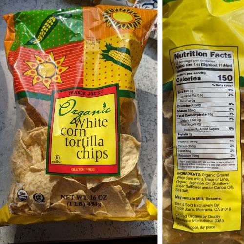 Organic white corn tortilla chips from trader joe's with nutrition information