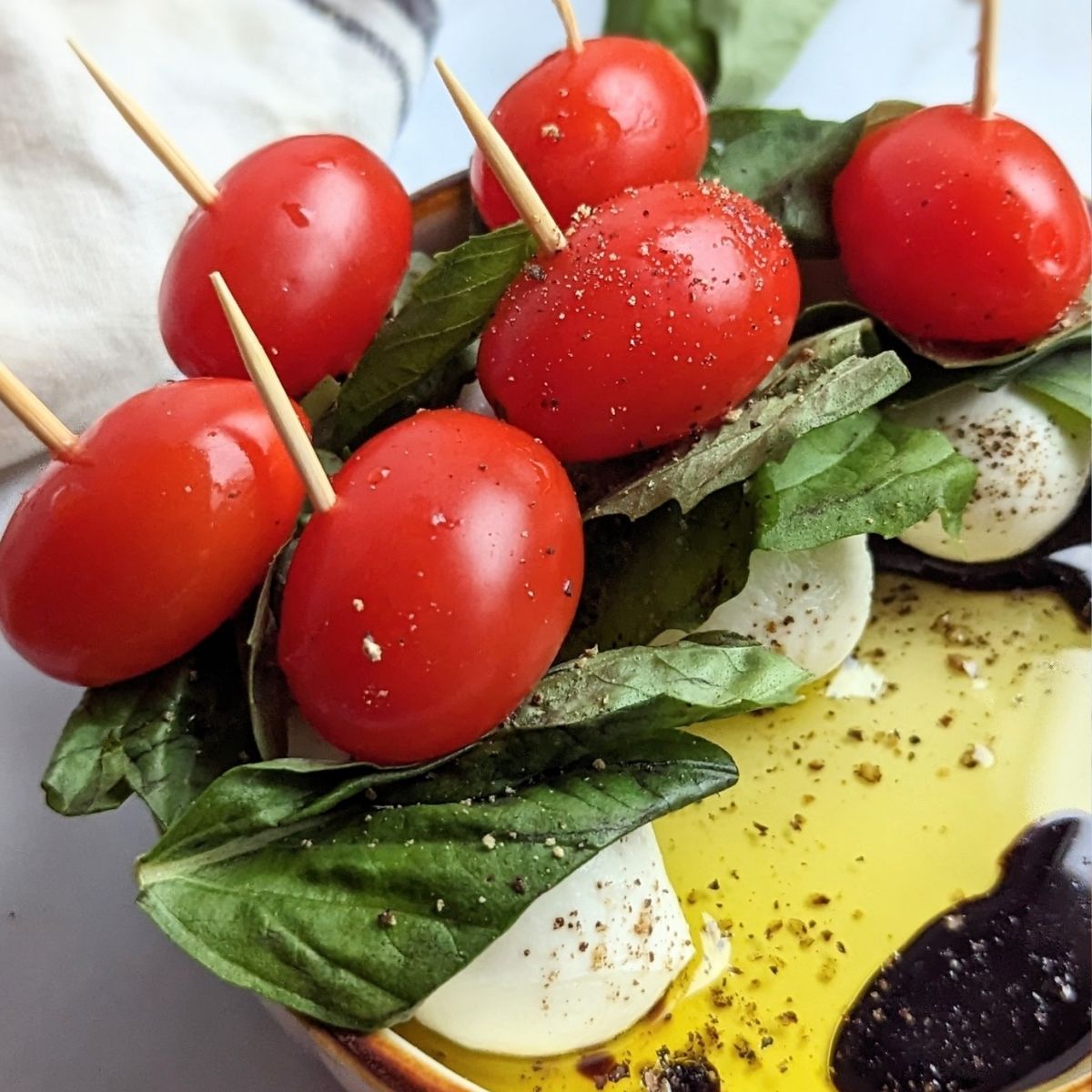 low sodium caprese salad bites on a toothpick for an easy appetizer with no salt added