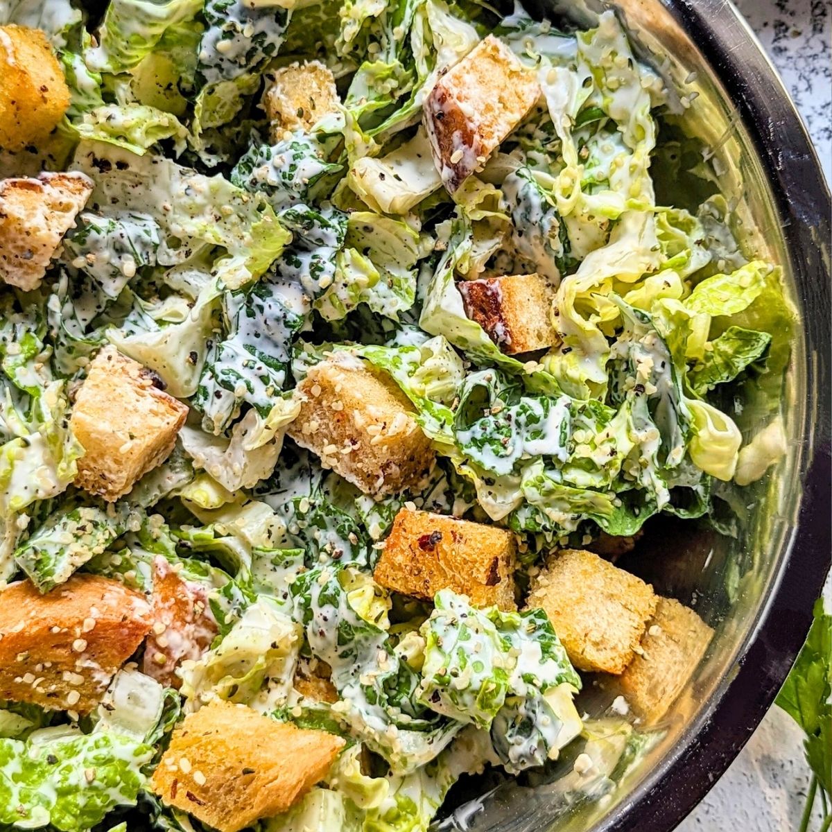 low sodium caesar salad recipe with no salt added croutons in a bowl.