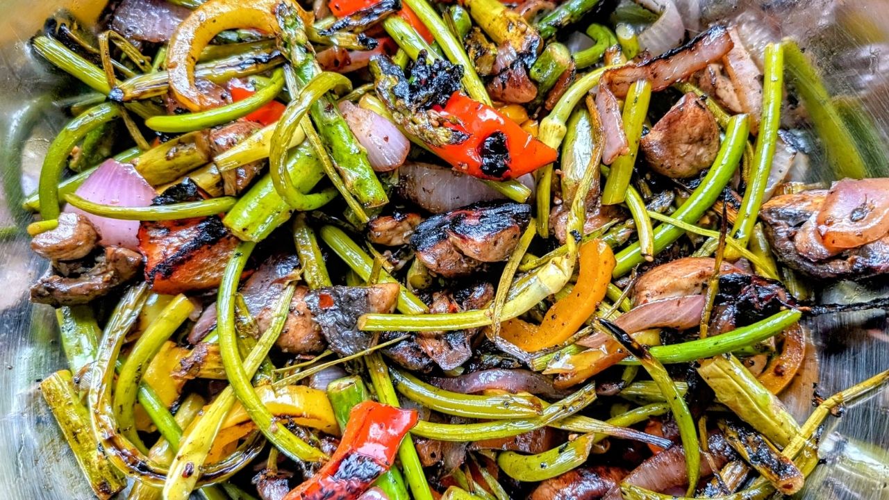 low salt vegetable blend that has been grilled on a cast iron pan.