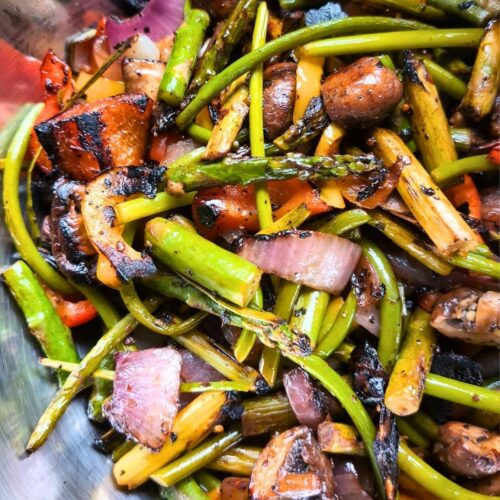 low sodium grilled vegetables in a bowl with a nice char from the gril