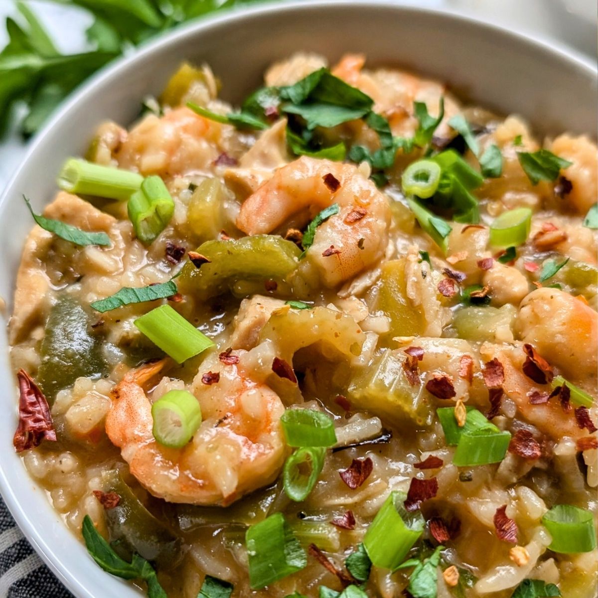 low salt jambalaya with shrimp and chicken.