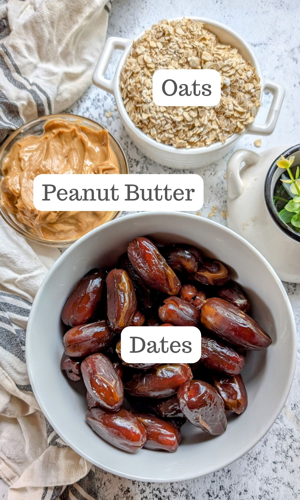 low sodium snack ingredients to make oat bites: dates, unsalted peanut butter, and rolled oats.