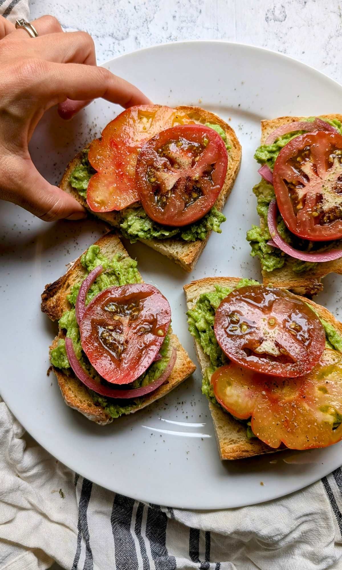 the best low sodium savory breakfast avocado toast recipe with tomatoes and pickled onions without salt.