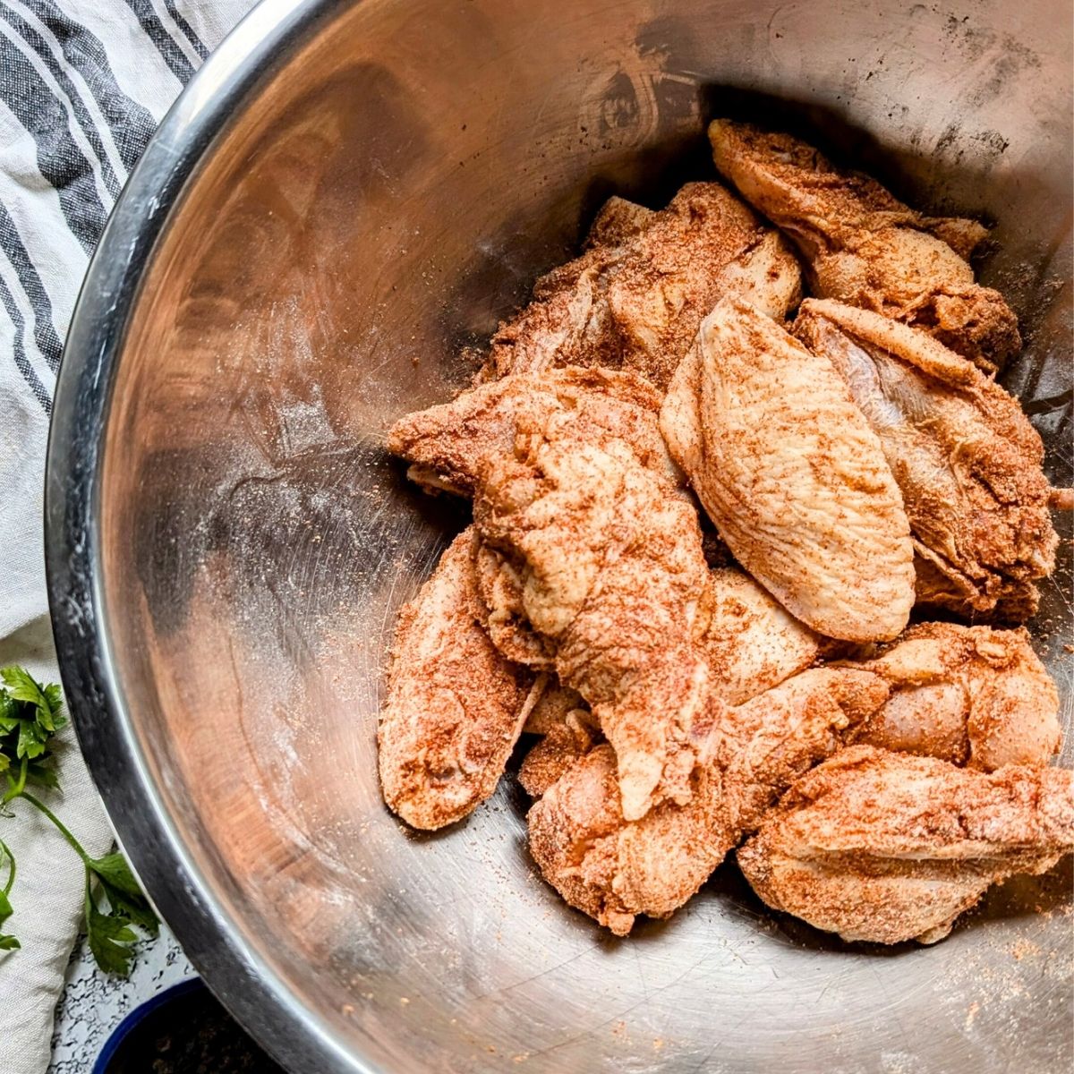 chicken wings coated in a salt free spice blend with chili powder, garlic powder, and baking powder.