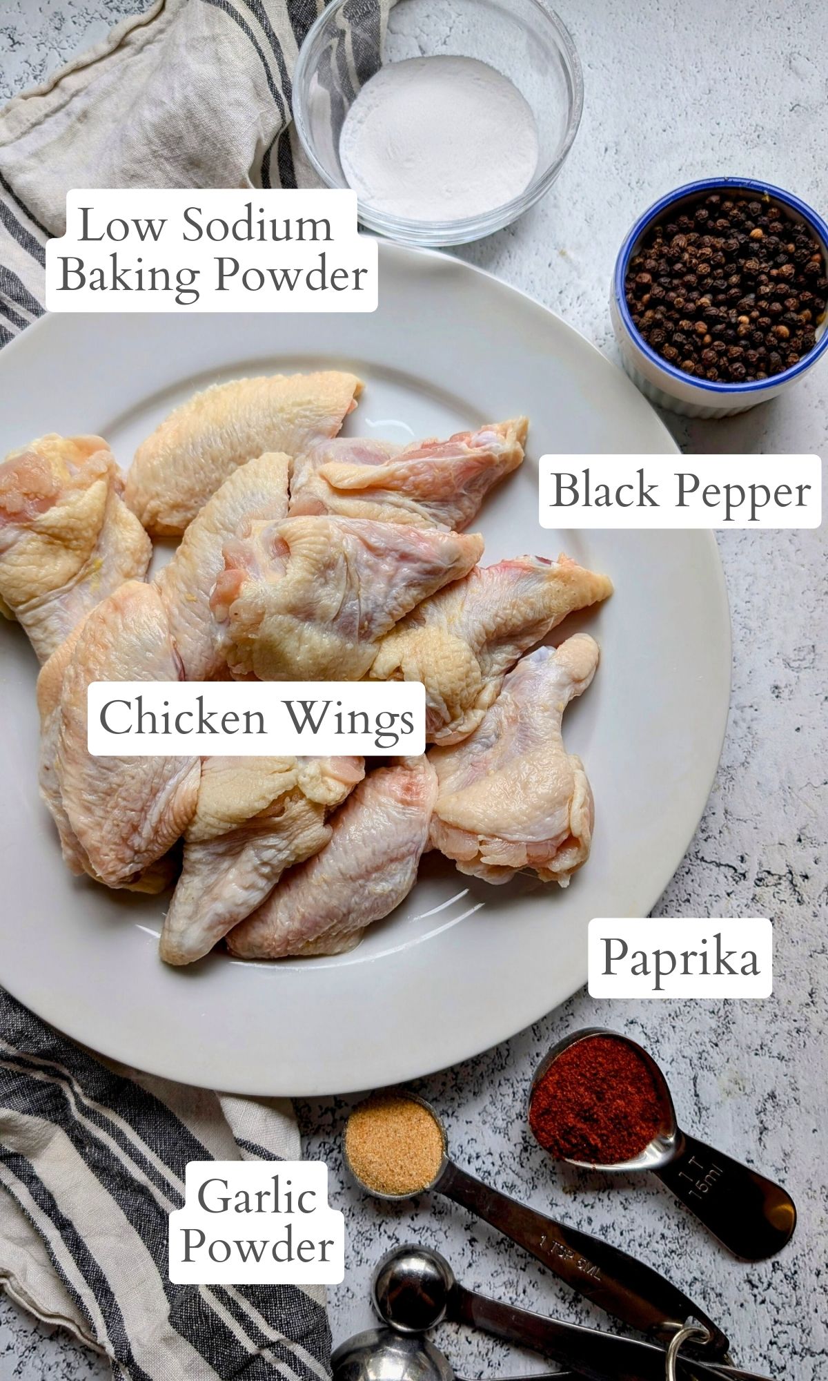 ingredients for salt free chicken wings like sodium free baking powder, paprika, garlic powder, and onion powder.