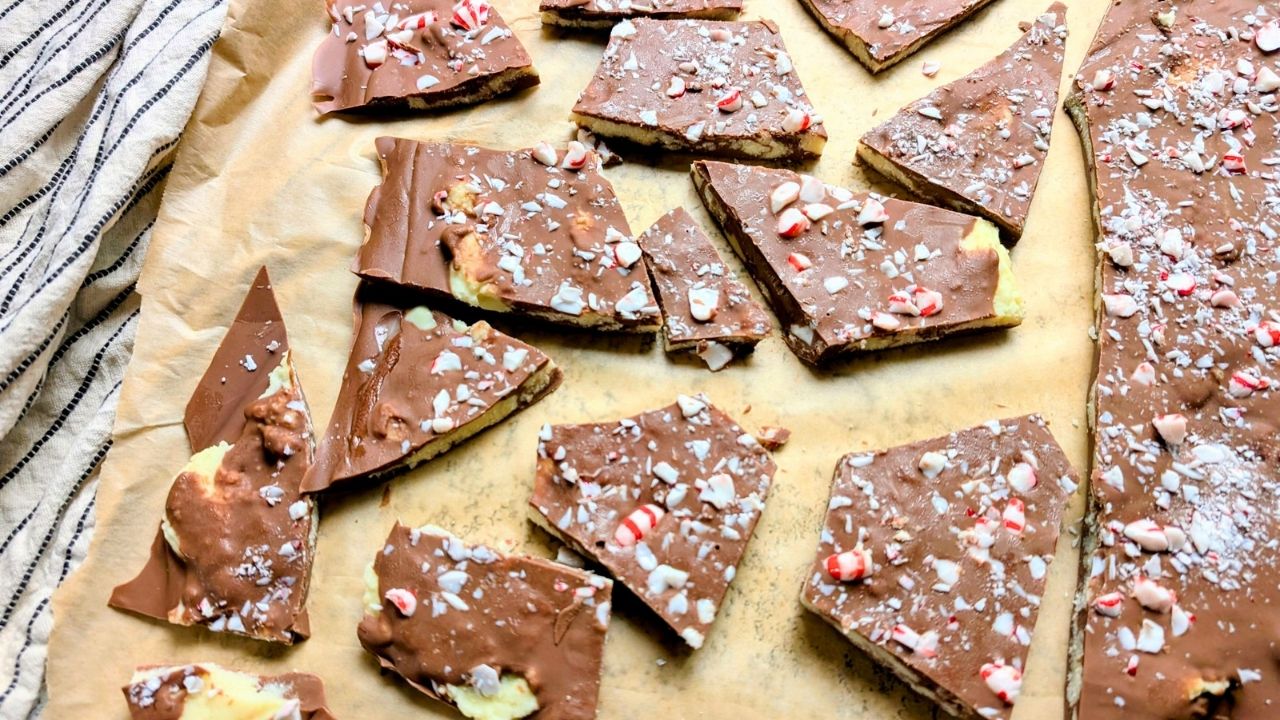 peppermint bark on a tray ready for a low sodium and no salt added treat!