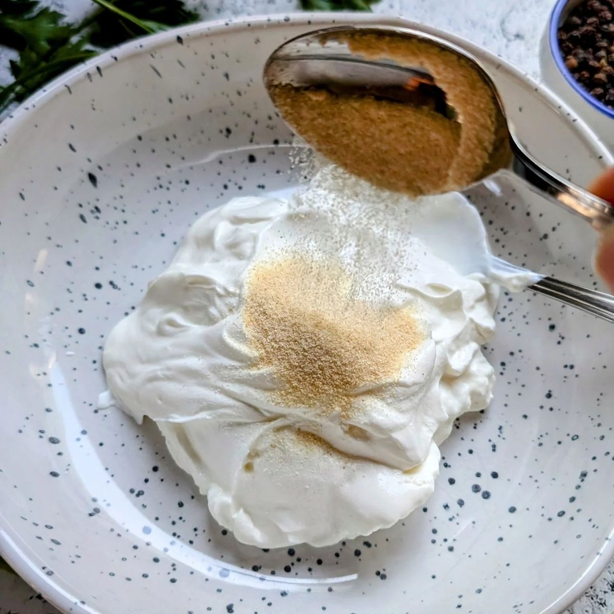 a bowl of sour cream with onion powder and garlic powder.