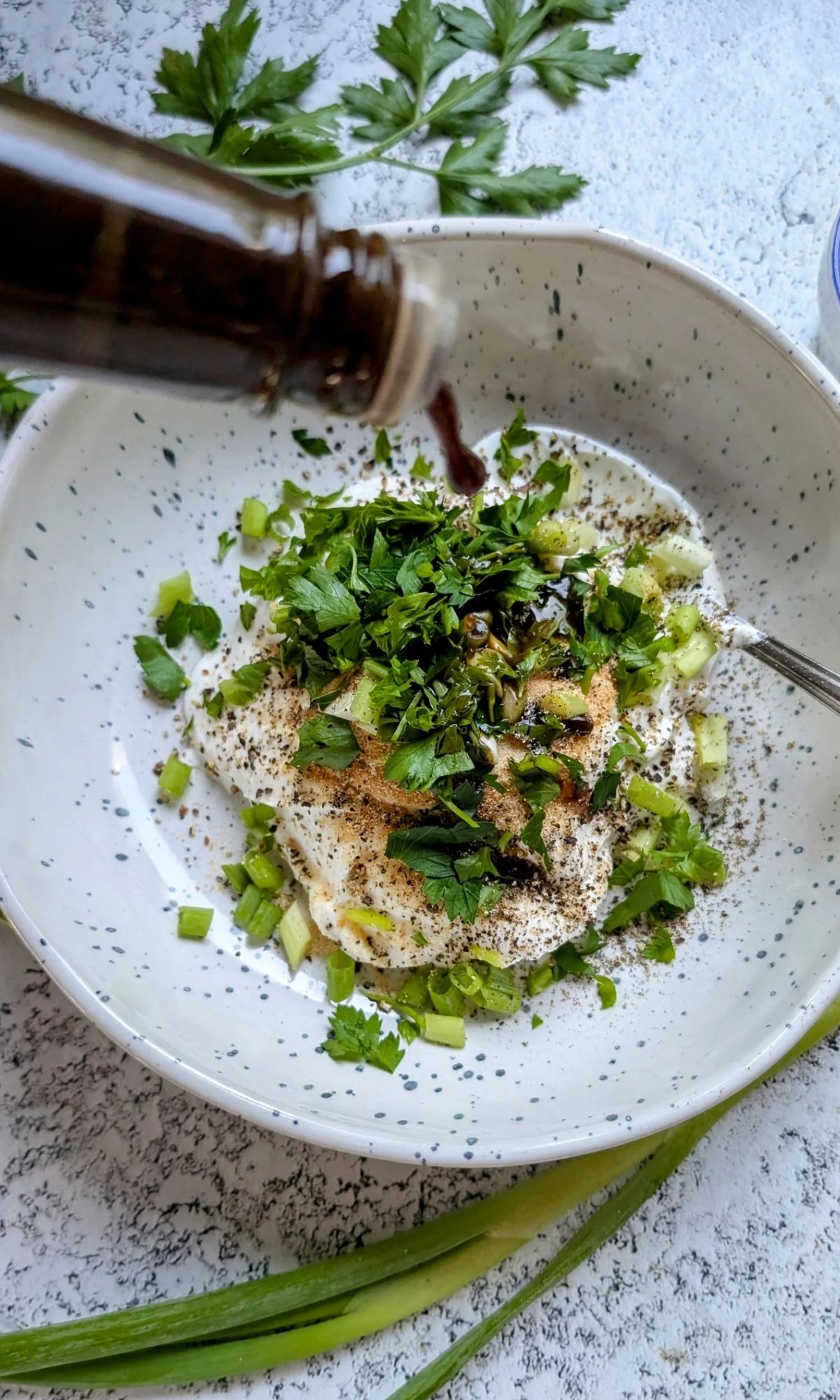 low sodium sour cream dip with worcestershire sauce with parsley and green onions.