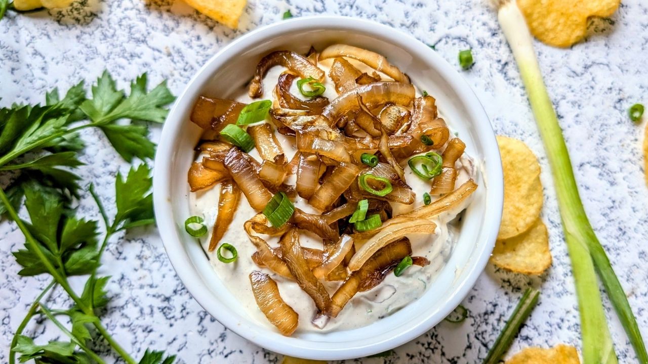 low sodium chip dip recipe with caramelized onions and potato chips with fresh herbs.