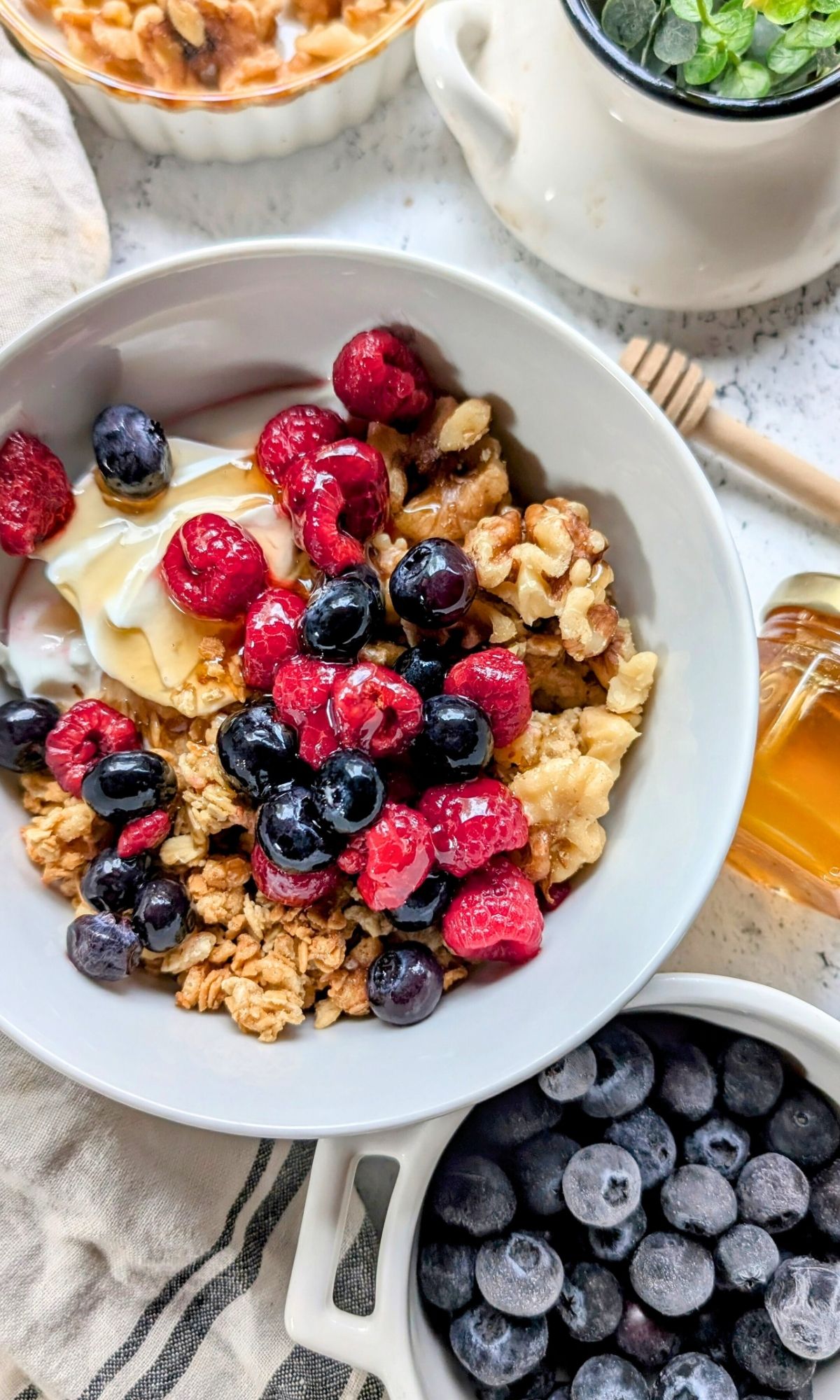 a tasty low salt breakfast recipe with plain unsweetened Greek yogurt frozen blueberries and raspberries, granola, and honey.