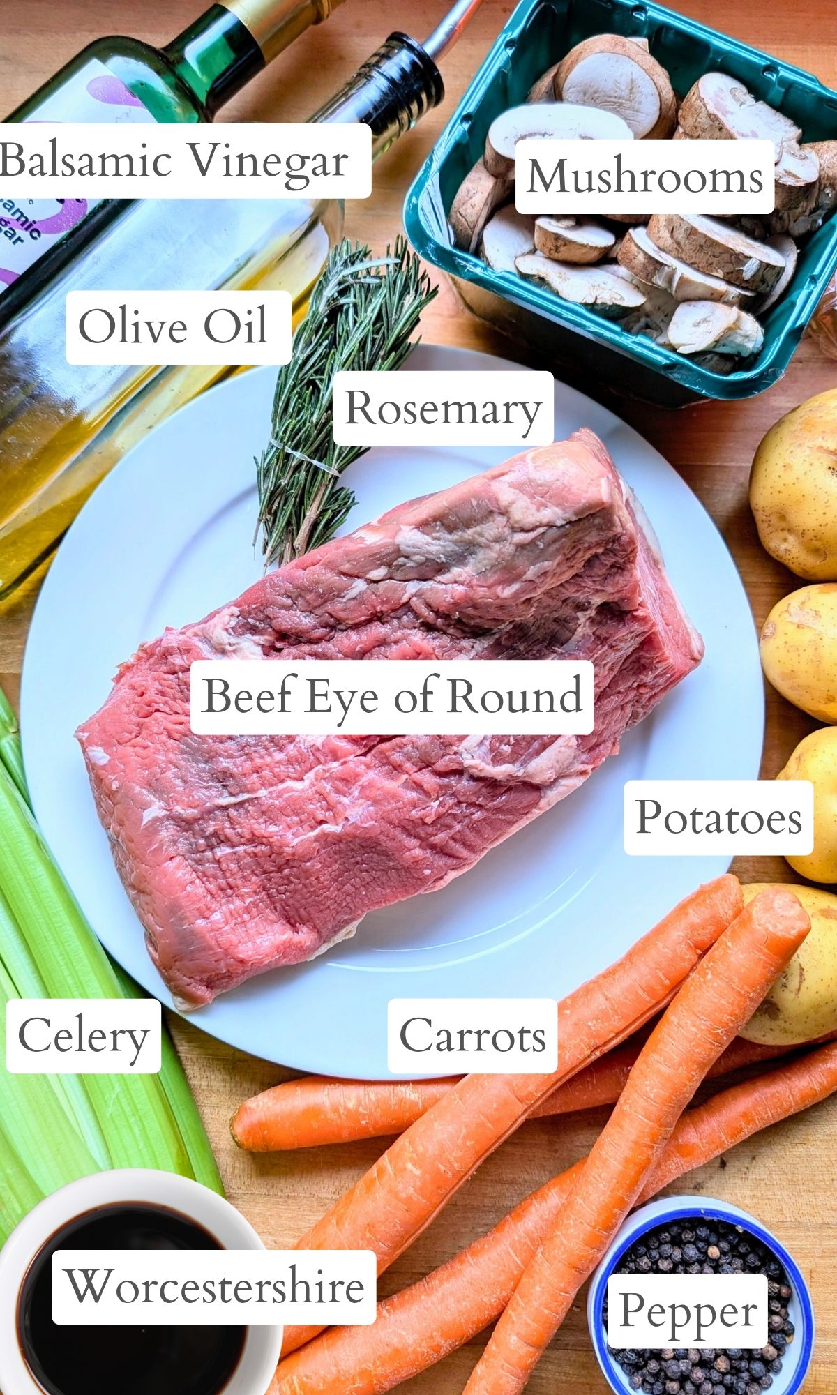 low sodium pot roast ingredients like eye of round carrots potatoes celery onion and mushrooms and worcestershire sauce and balsamic vinegar