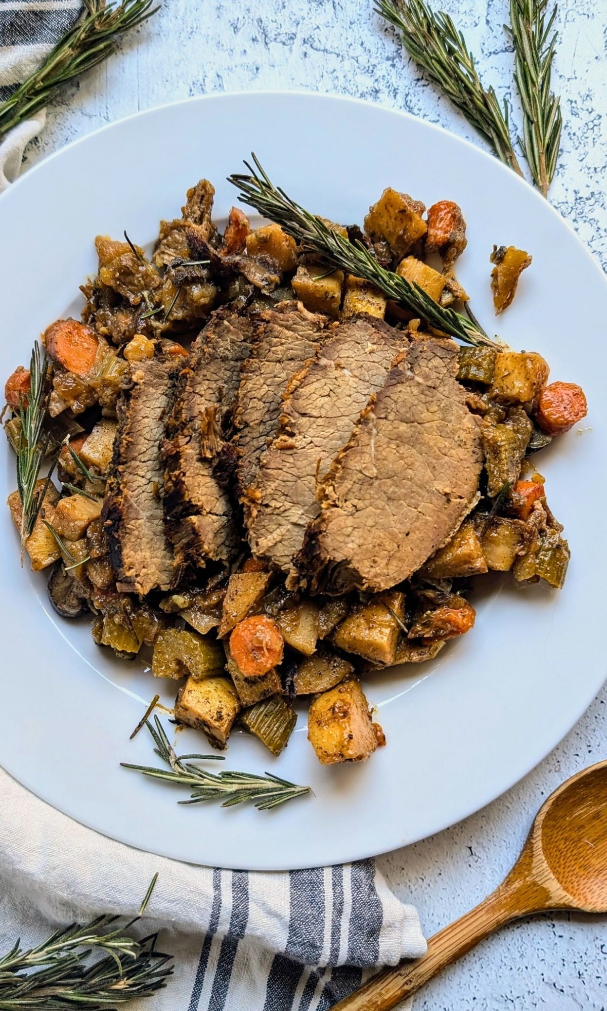 pot roast low sodium on a plate with fall and winter vegetables for a comfort food meal