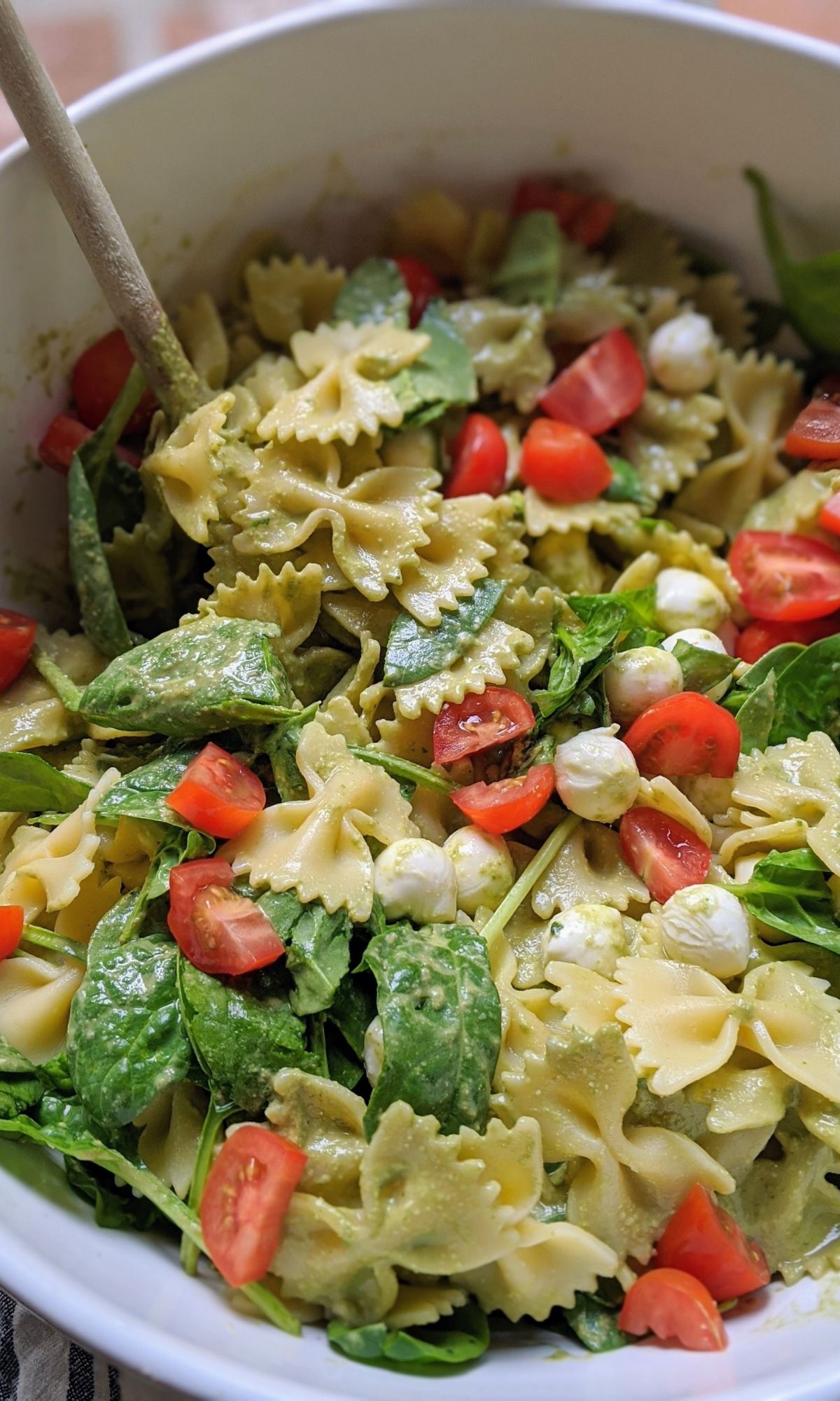 low salt pesto pasta salad with basil vinaigrette dressing.