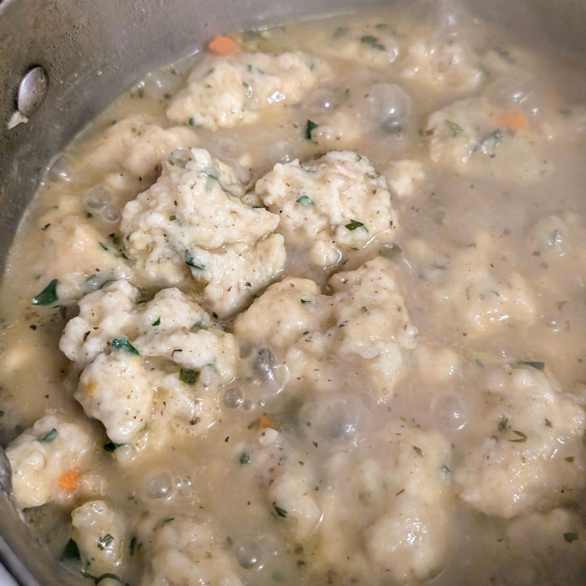 no salt added chicken and dumplings in a pot for low sodium comfort food for winter.