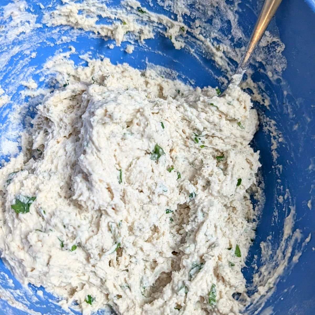 low sodium dumpling dough mixed in a bowl to make unsalted chicken and dumplings.