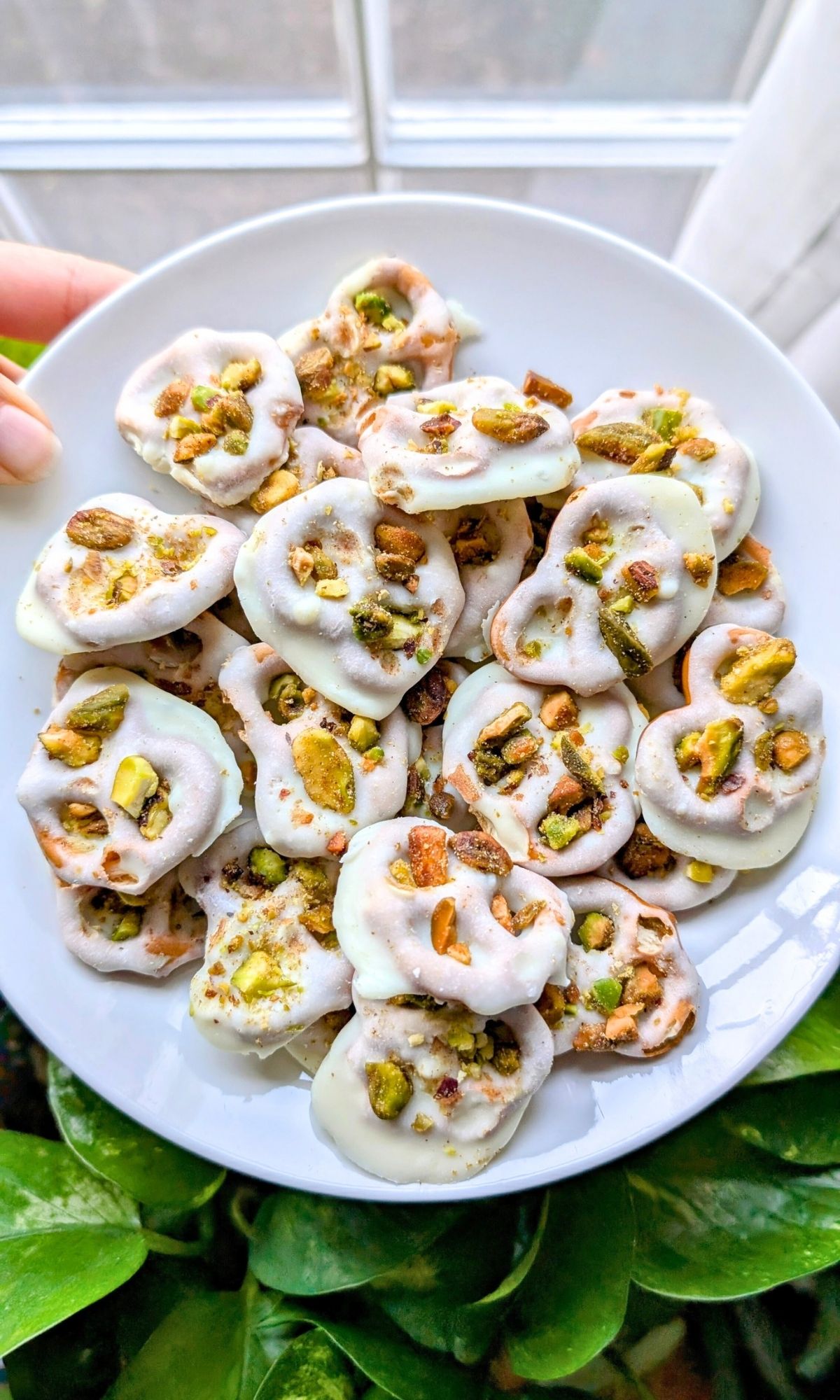 a plate of low sodium holiday dessert pretzels with white chocolate and nuts